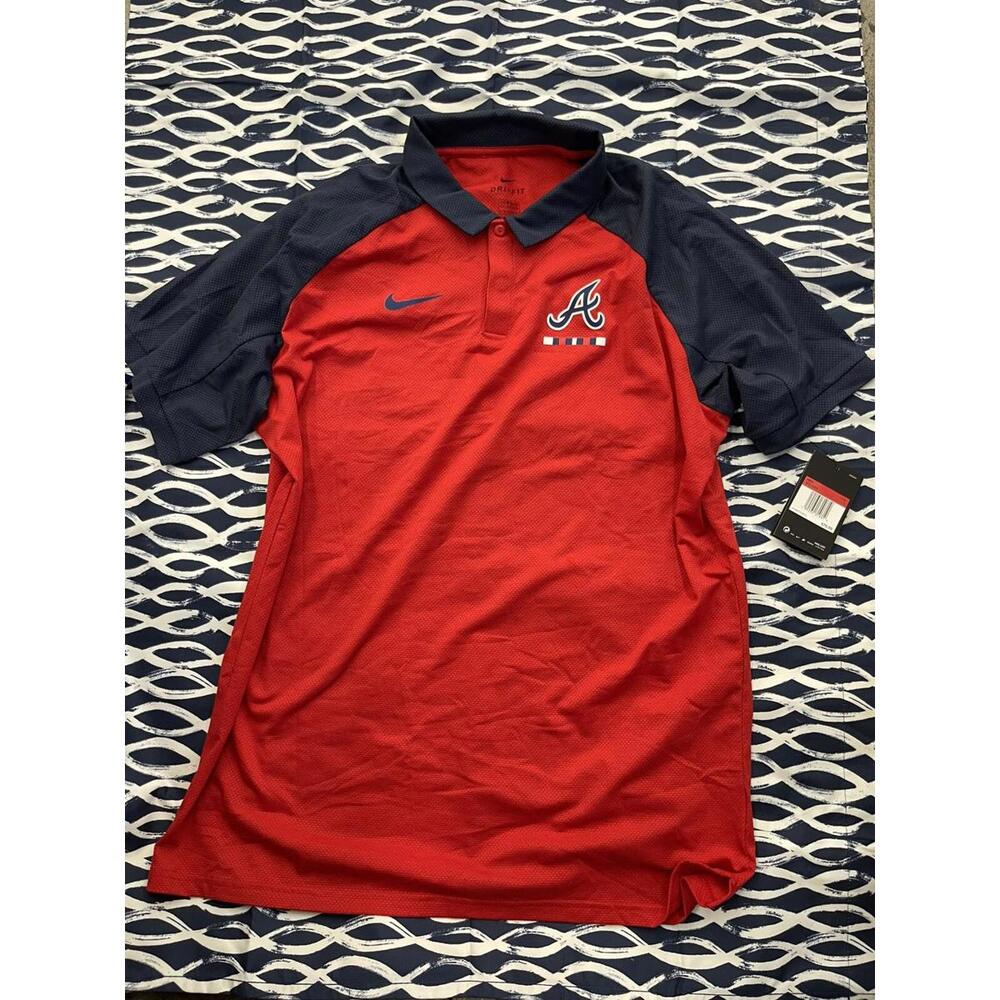 Nike Atlanta Braves Polo‎ Shirt Mens L Red Blue MLB Baseball Short Sleeve H41